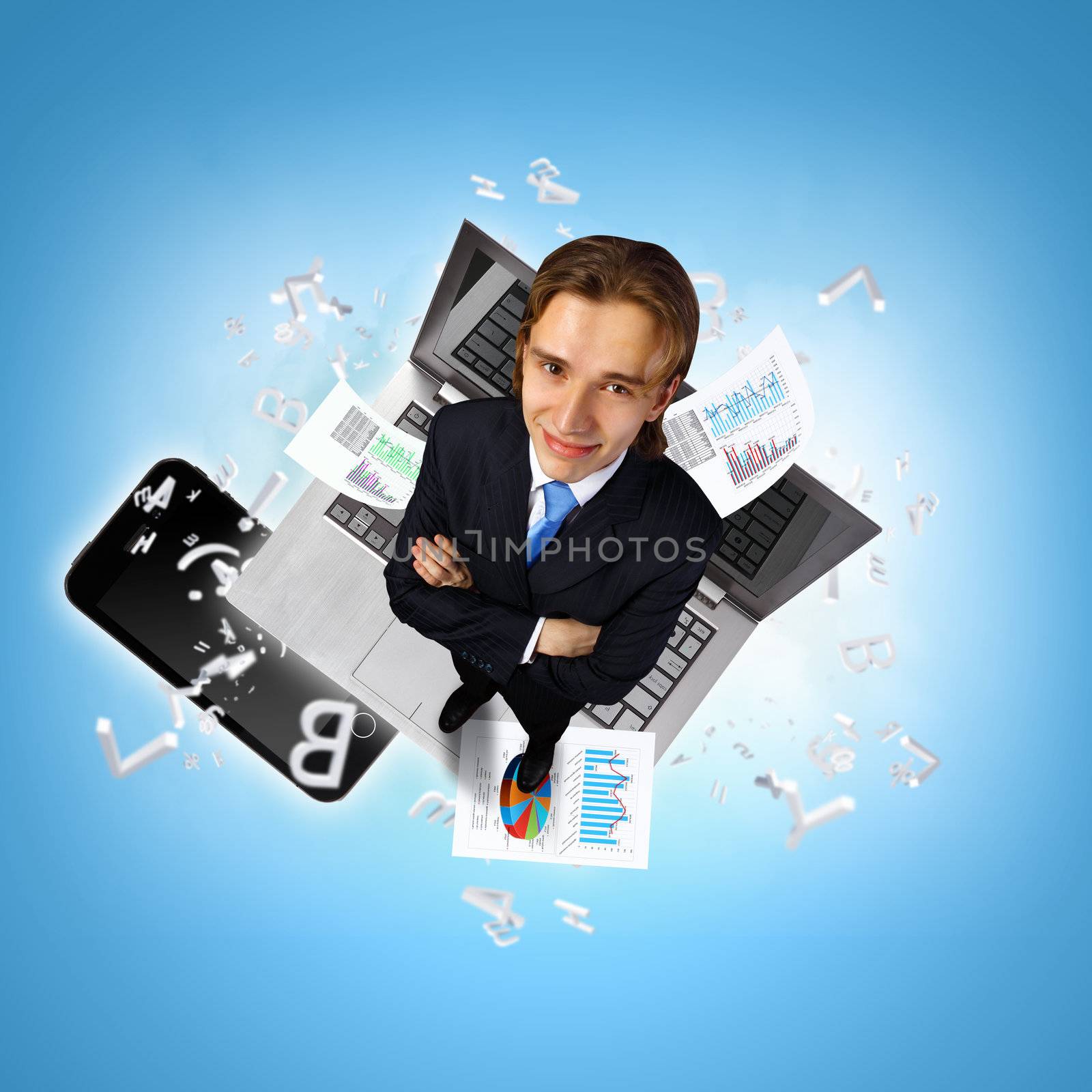 Modern technology illustration with computers and business person