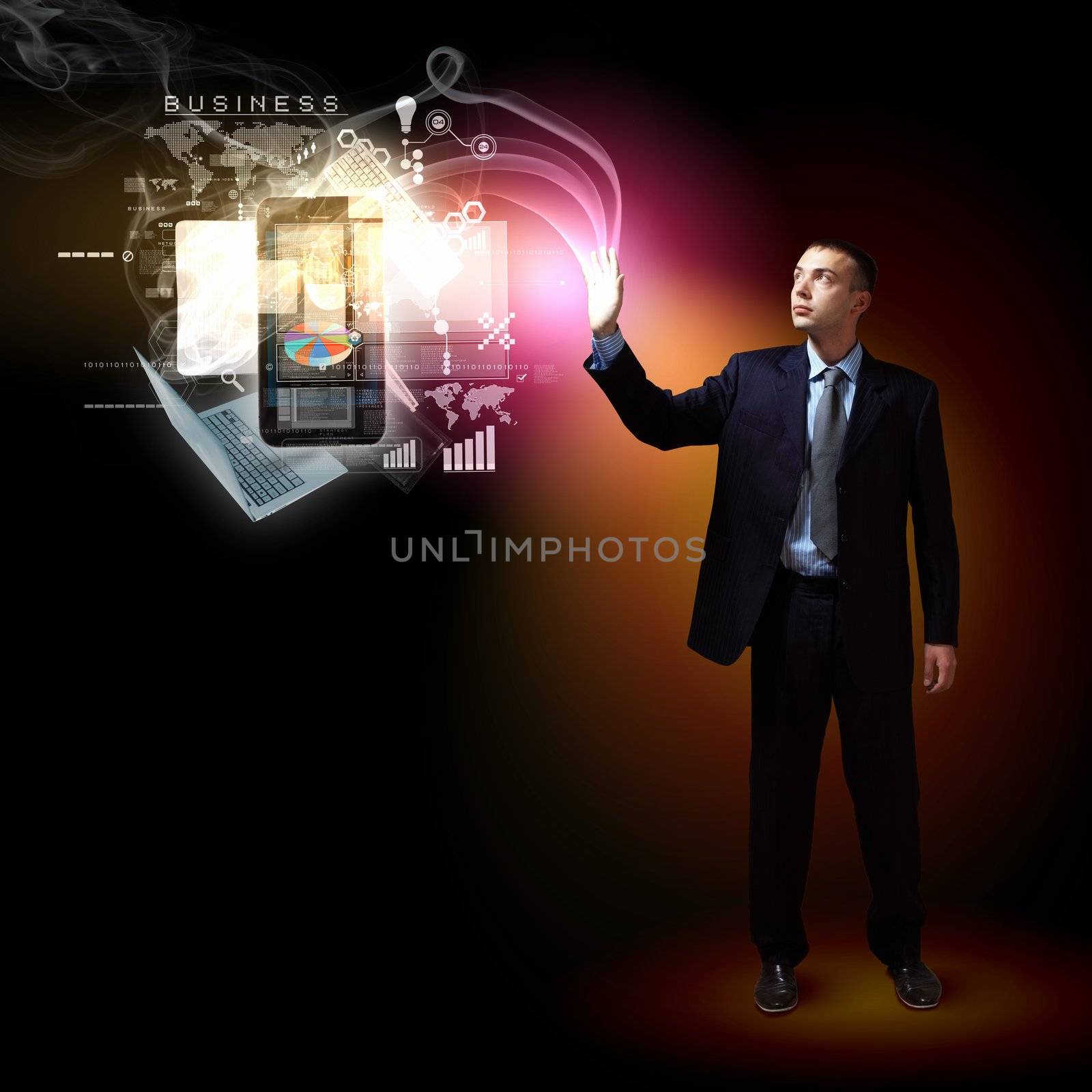 Businessman standing with modern technology symbols next to him