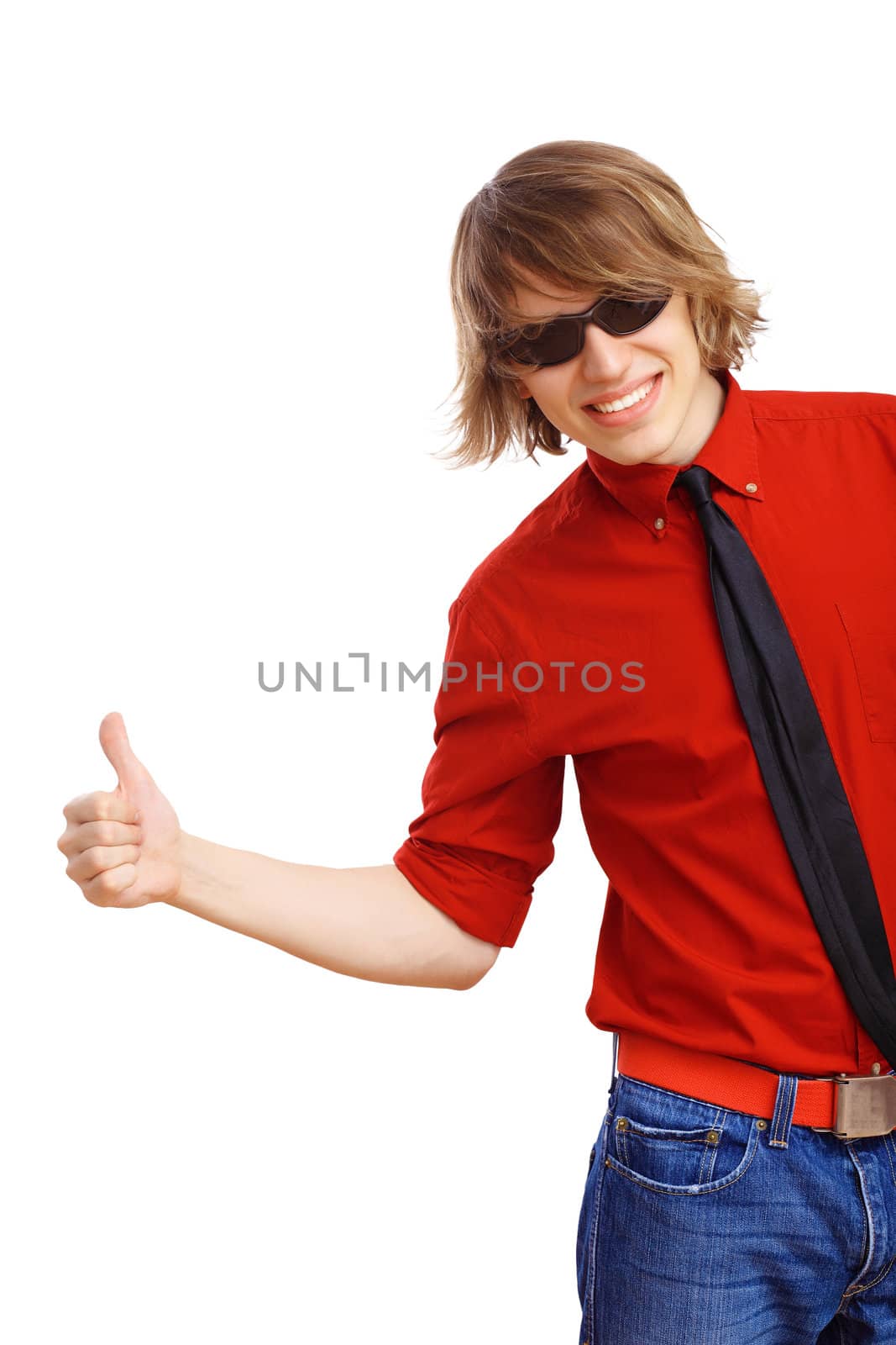 Happy handsome man showing thumbs up and white blank banner