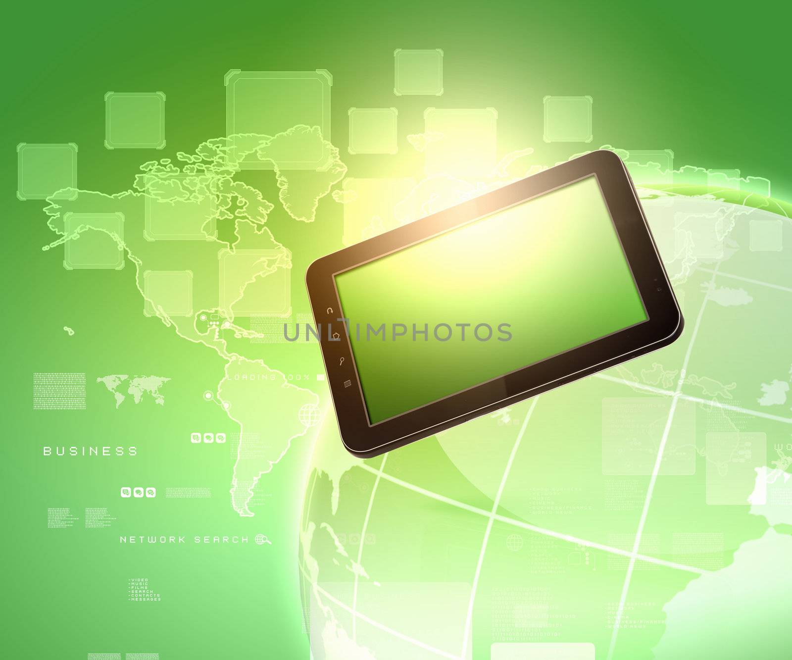 Modern communication technology illustration with mobile phone and high tech background