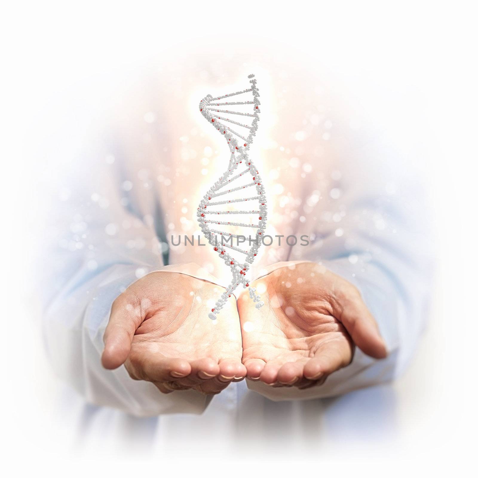 Image of DNA strand against background with human hands