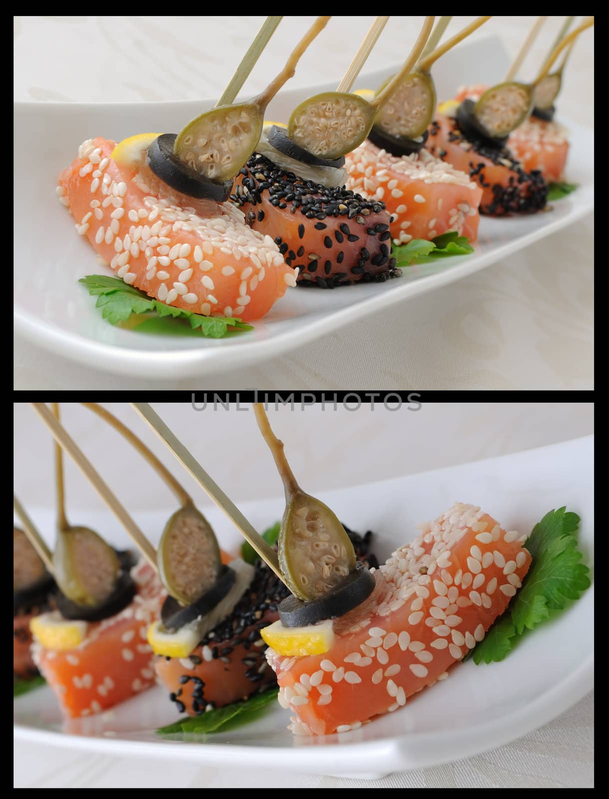 Pieces of salmon in sesame with capers by Apolonia