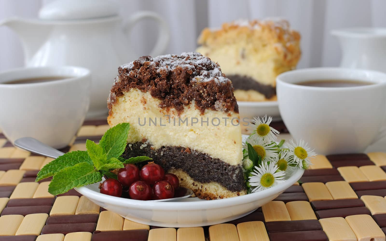 piece of cheesecake pie with poppy layer to coffee

