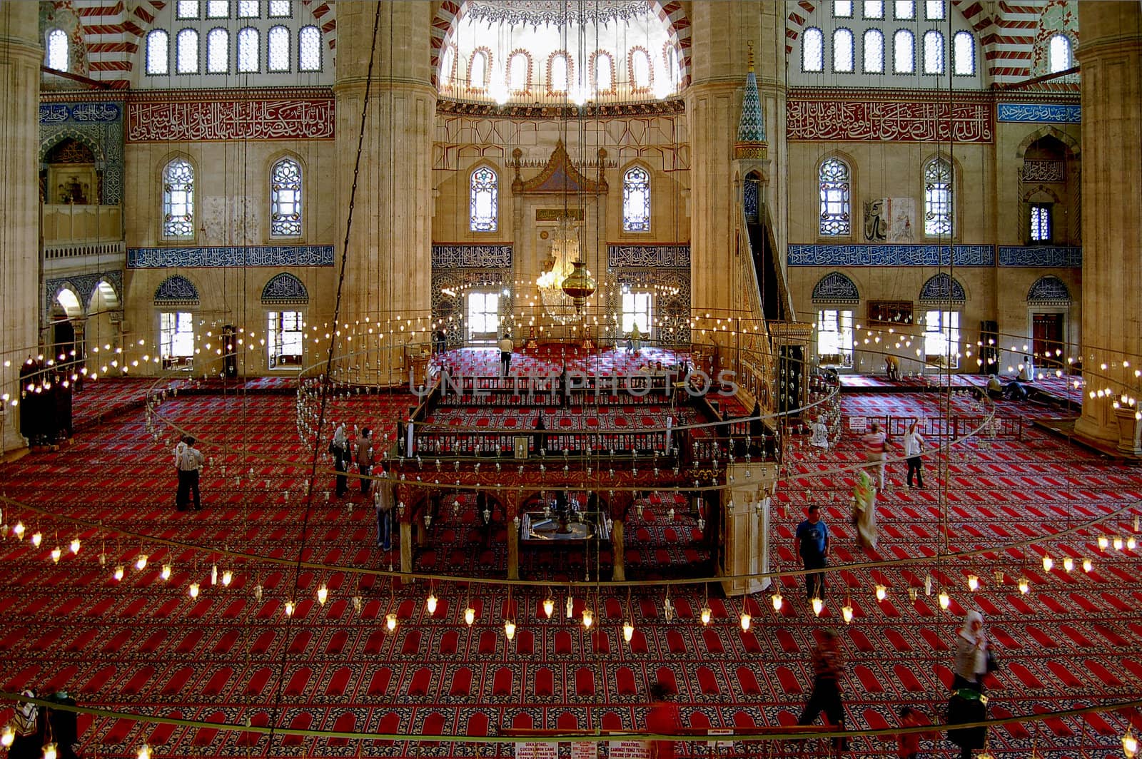 Mosque interior with lights in Edirne, Turkey