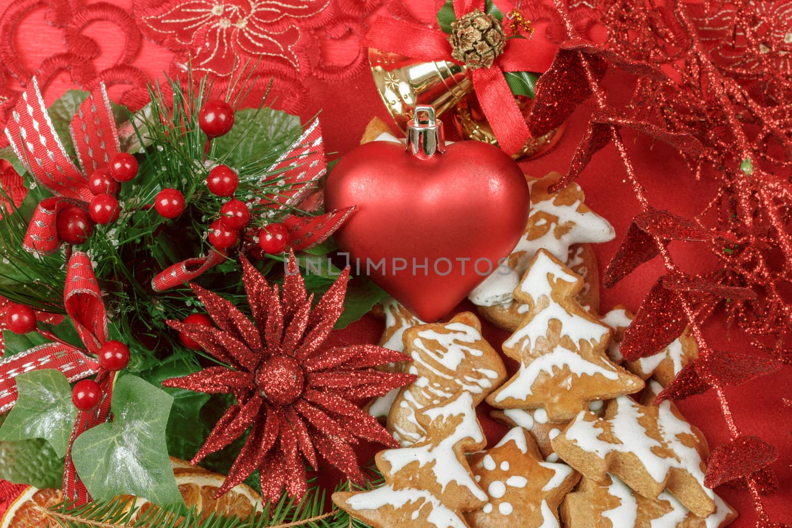 background with red heart,and gingerbreads on red