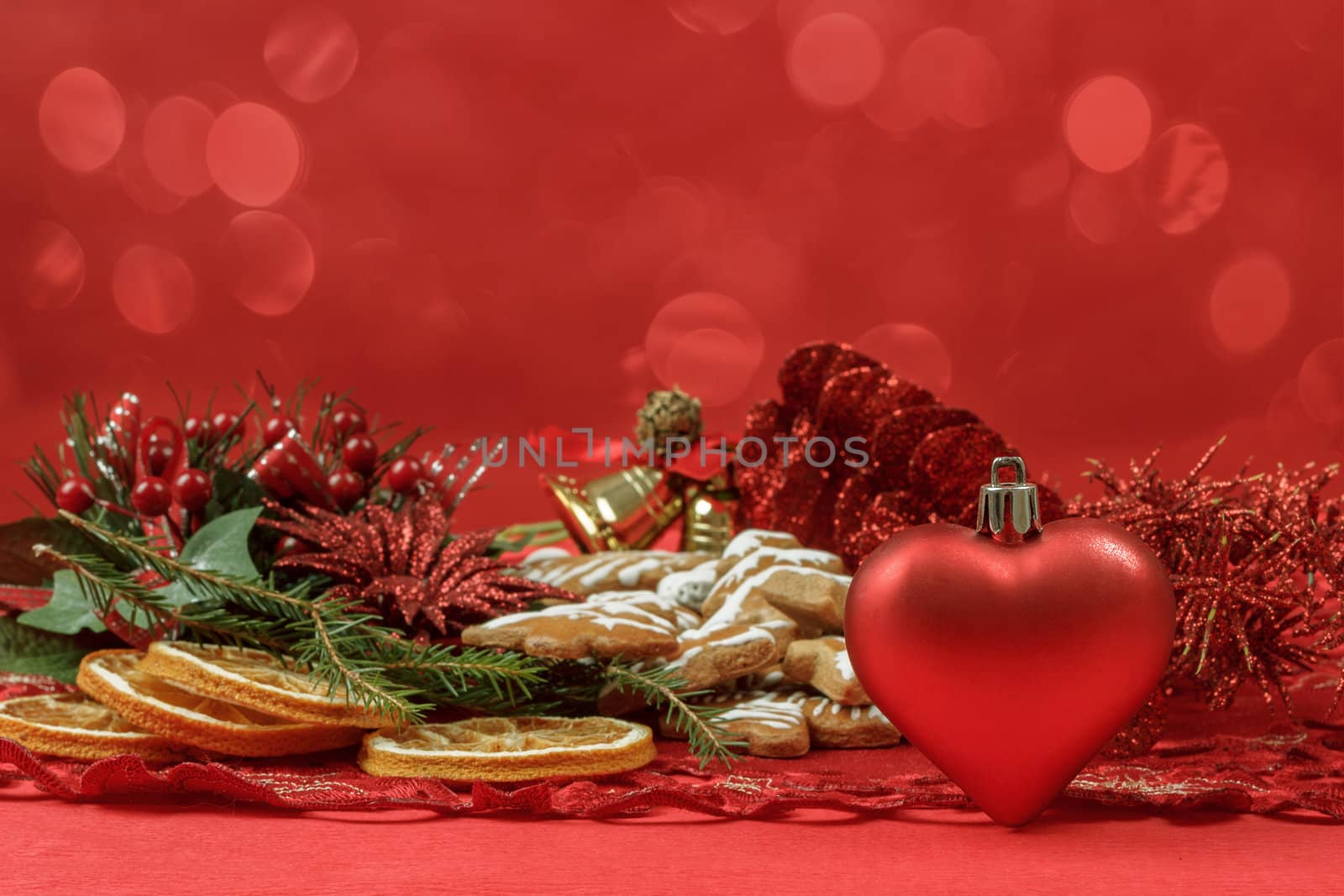 background with red heart,and gingerbreads on red