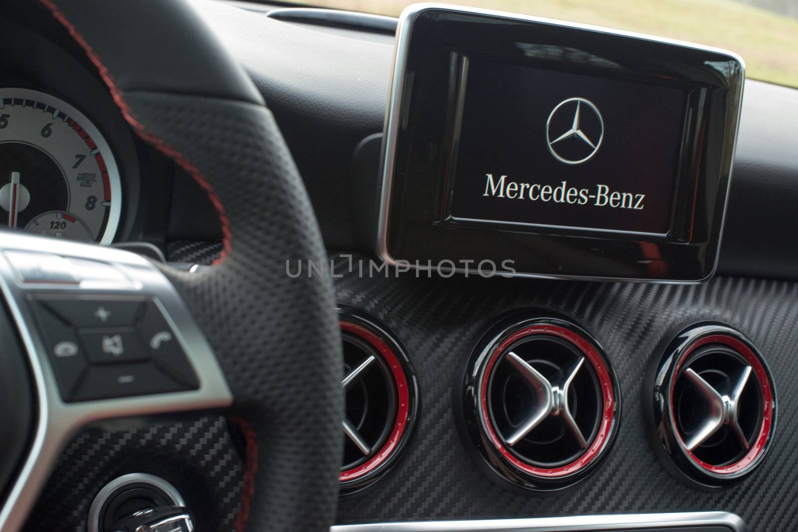 STUTTGART - NOVEMBER 21 : Interior of the new Mercedes Class A 250 AMG Sport parked in front of Solitude Palace on November 21, 2012 in Stuttgart, Germany. The new A-Class is a complete makeover of the previous generations, the 250 AMG Sport is the largest version available, developed together with car tuner AMG.