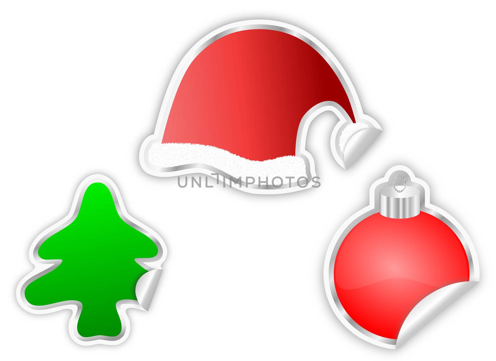 A collection of three christmas special stickers - christmas tree, santa's cap and ornamental decoration ball