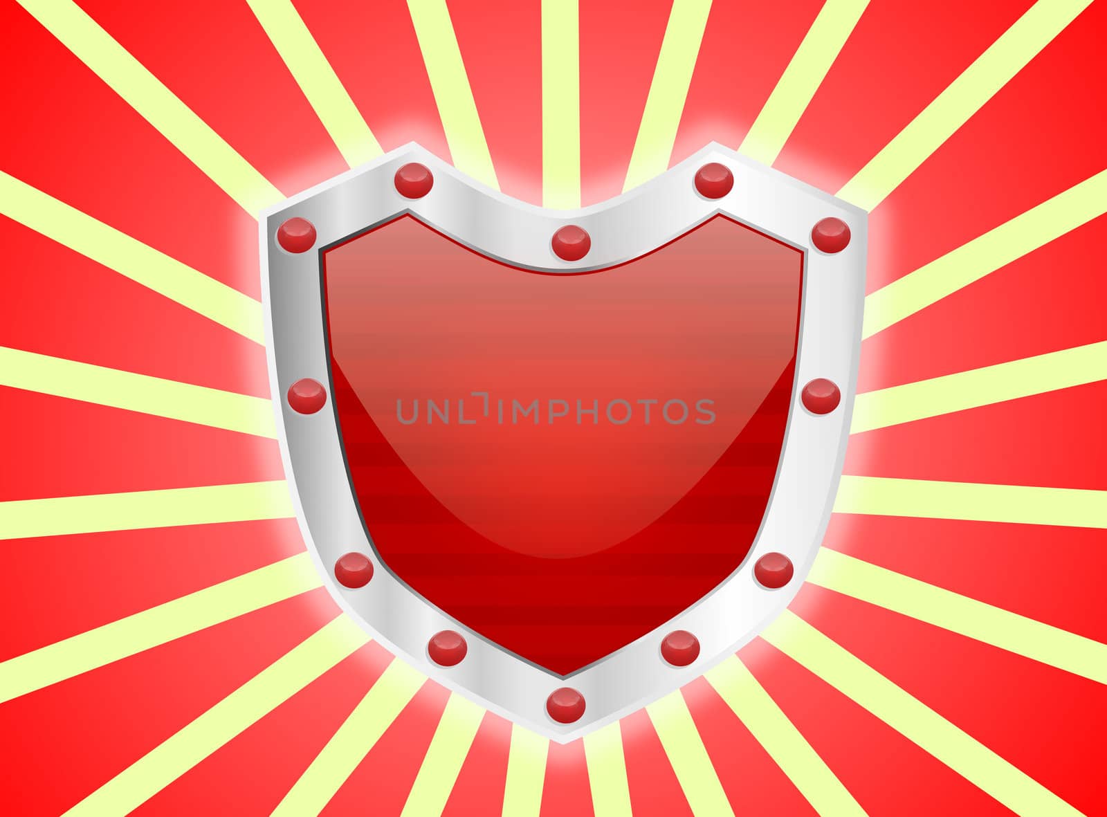 A red studded shiny red shield with silver frame