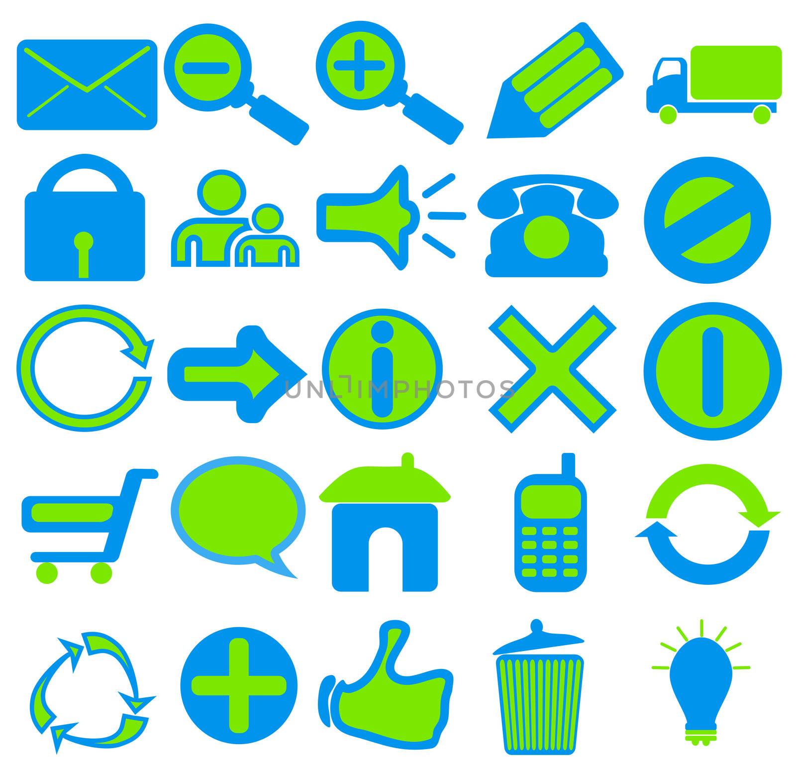 A collection of 25 web icons in blue and green colors