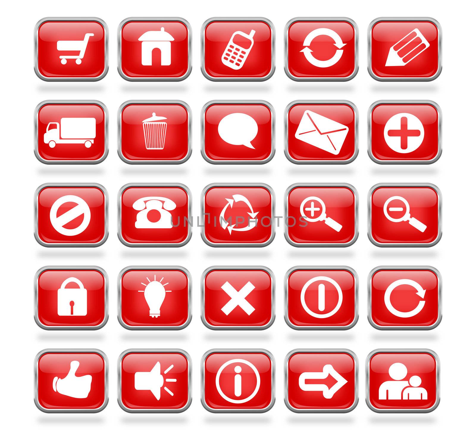 A collection of 25 red shiny metallic web icon buttons