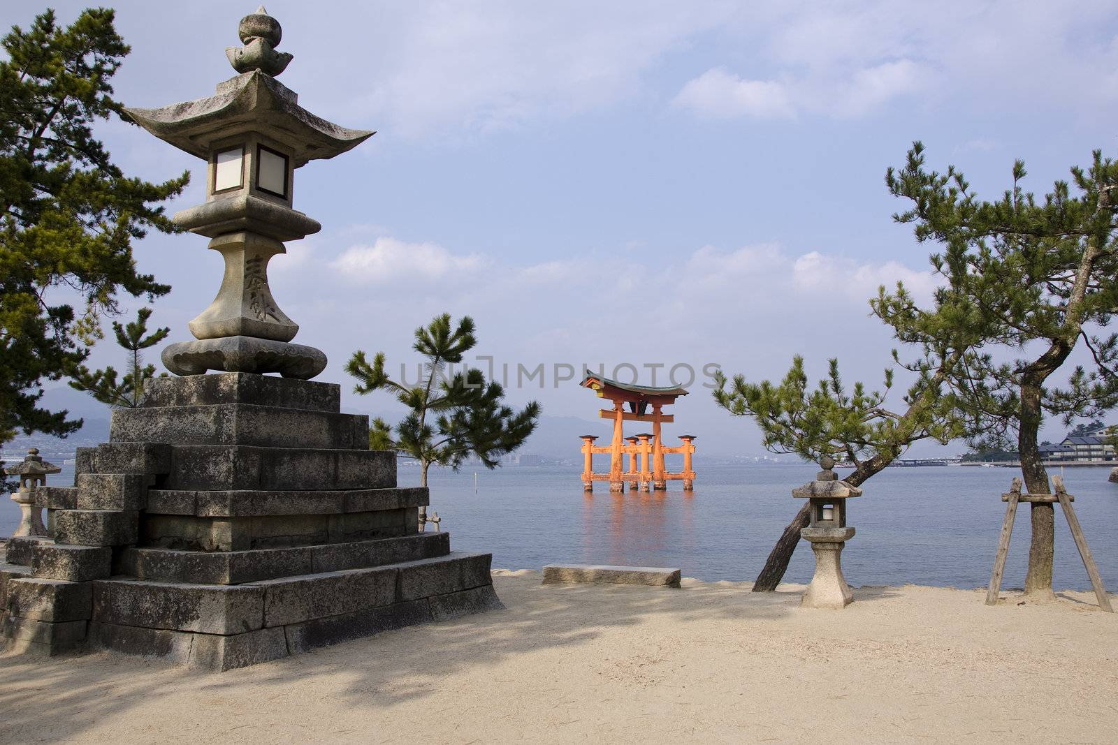 Tori gate of the Itsukushima Shrine on Miyajima Island, near Hiroshima, Japan