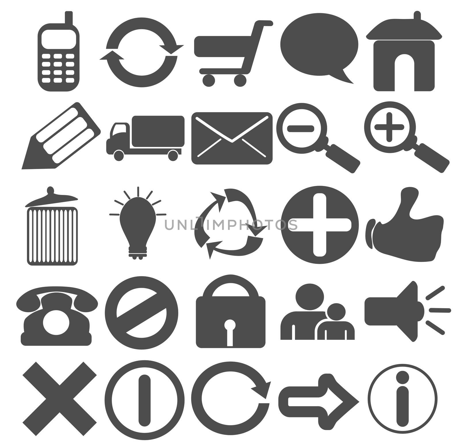 A collection of 25 web icons in plain grey color
