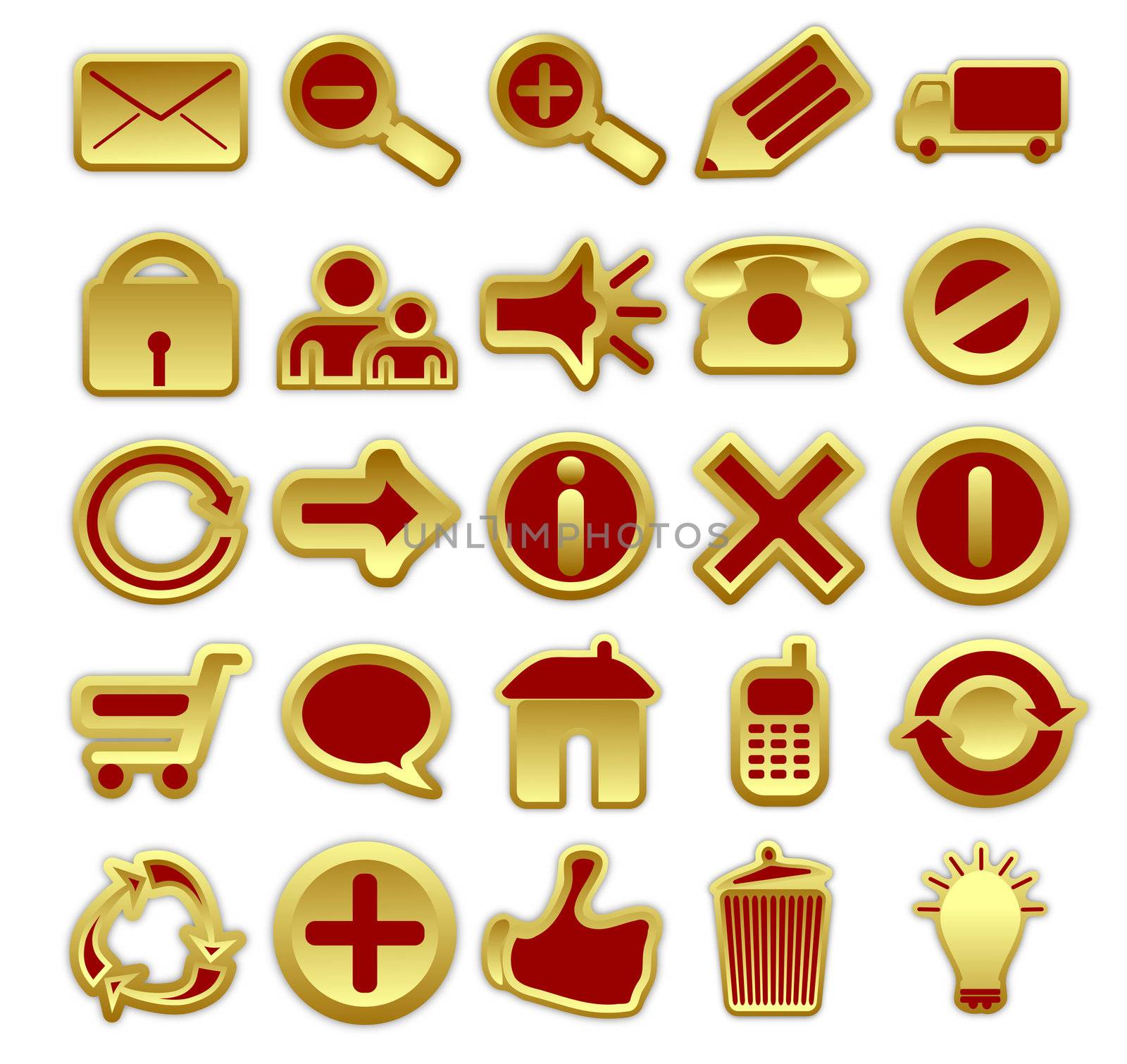 A collection of 25 web icons in golden and red color scheme