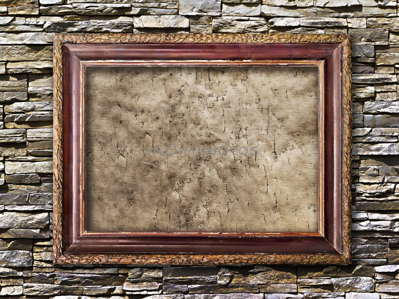 old picture frames with cracked canvas on a brick wall by Plus69