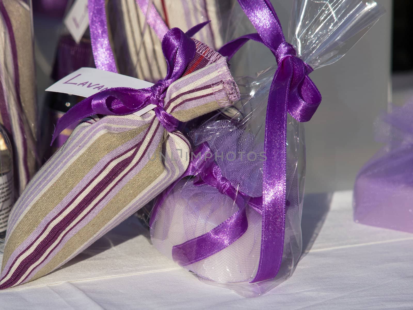 lavender soap and bag with lavender flowers