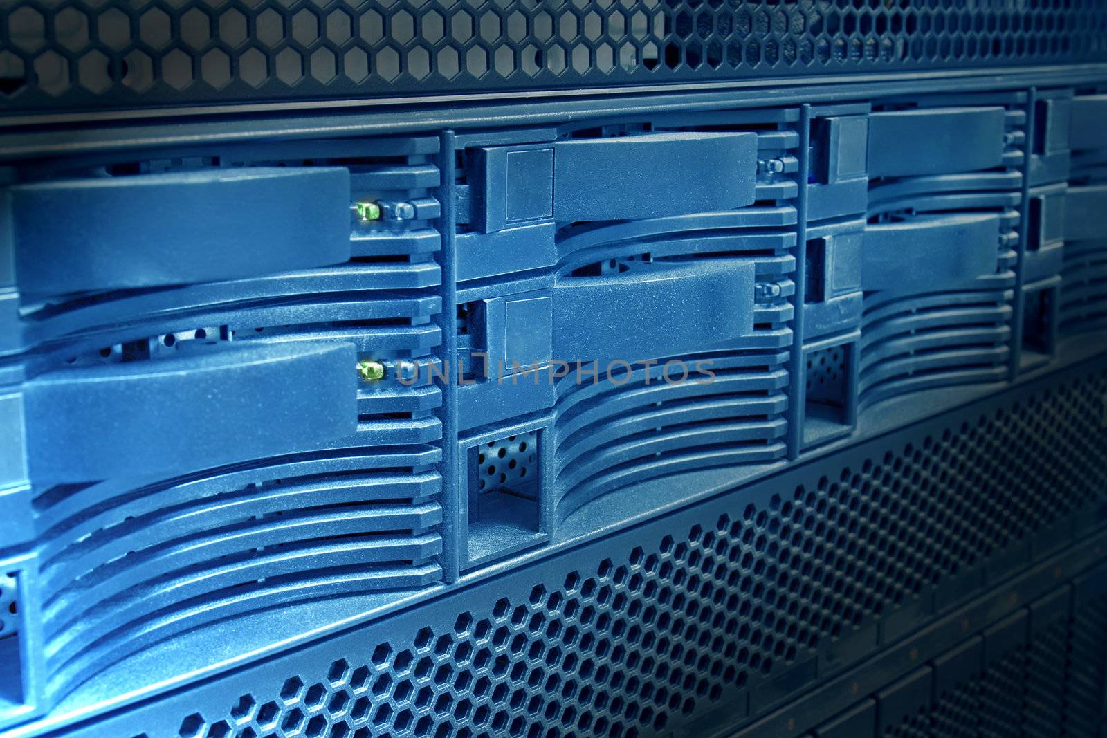 Server panel close-up, light effect, blue tone