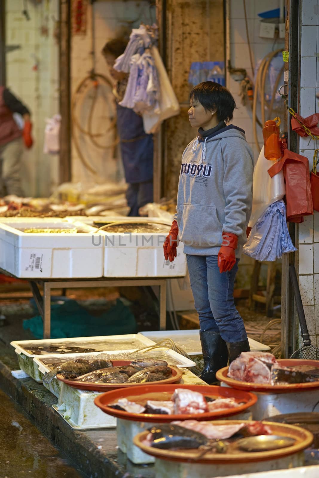 Lady selling fish at an open air fish market in Kowloon, Hong Kong