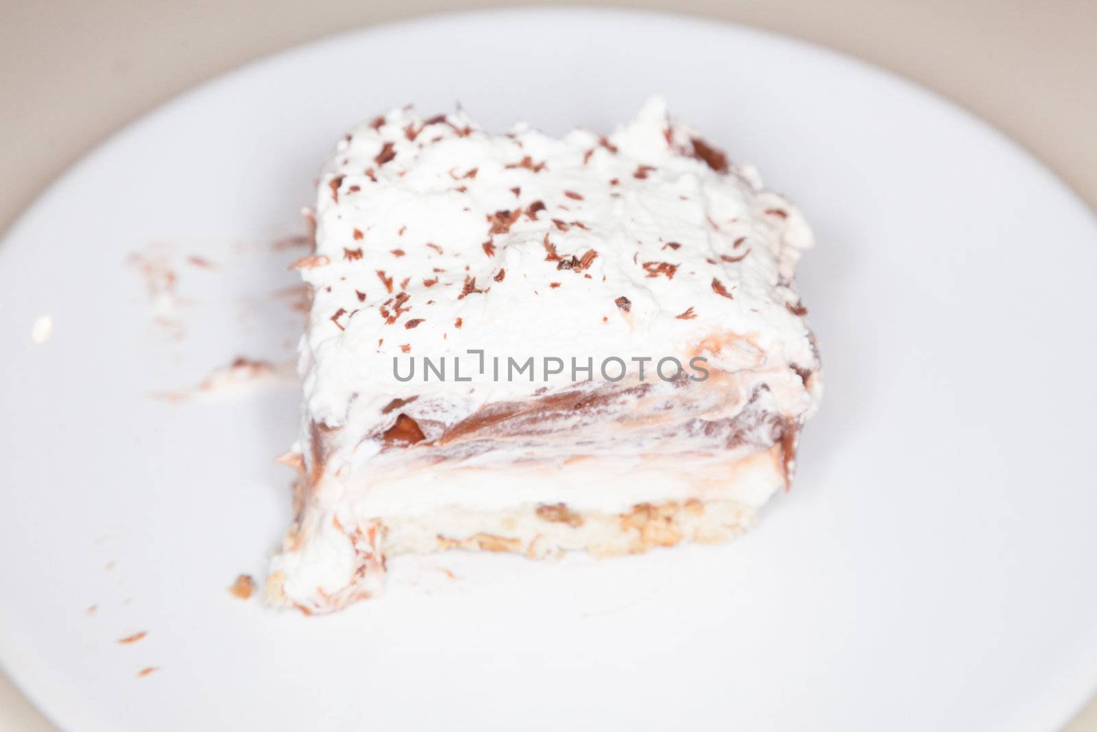 This is a creamy pudding-like pie. It has thick chocolate filling, thick cream cheese filling, a butter/nut crust, and is topped with whipped cream.