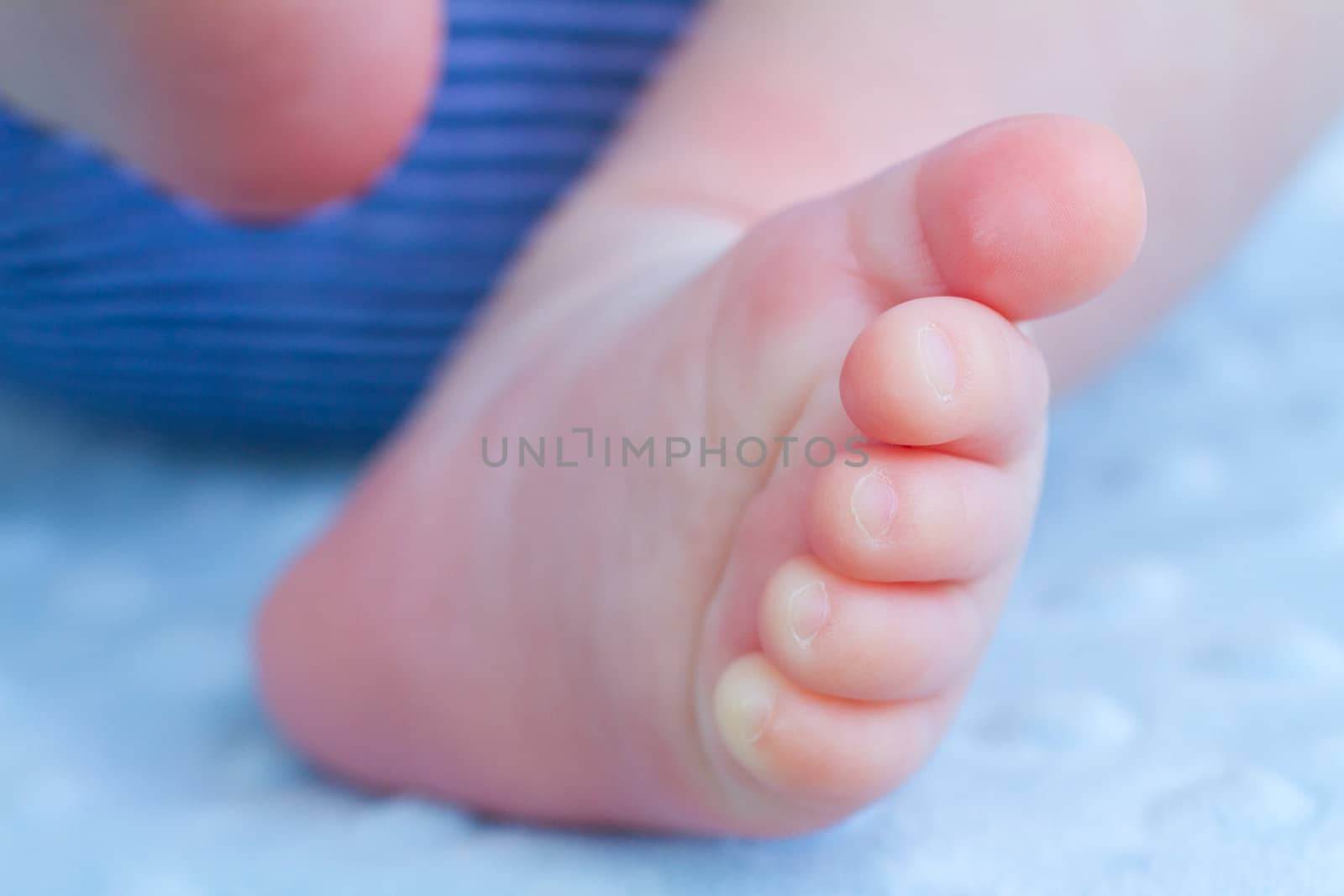 The feet of a newborn baby photographed from below outdoors.