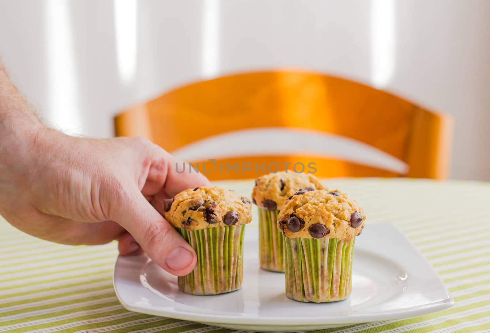 Man hand taking delicious chocolate chip muffin at breakfast in green striped tablecloth