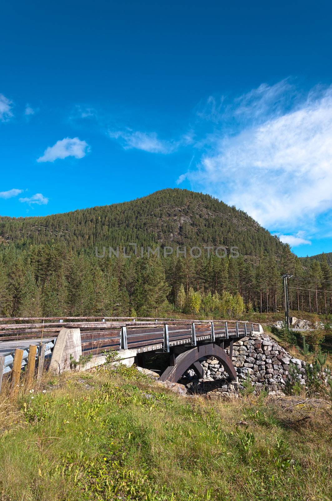 Old wooden bridge over the river on a background of mountains
