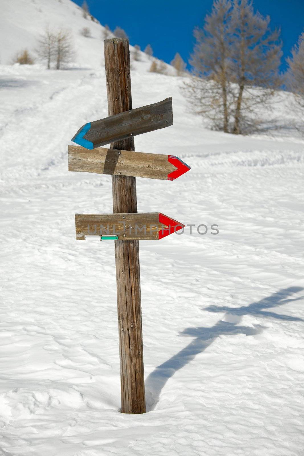 Directional sign post on the snow