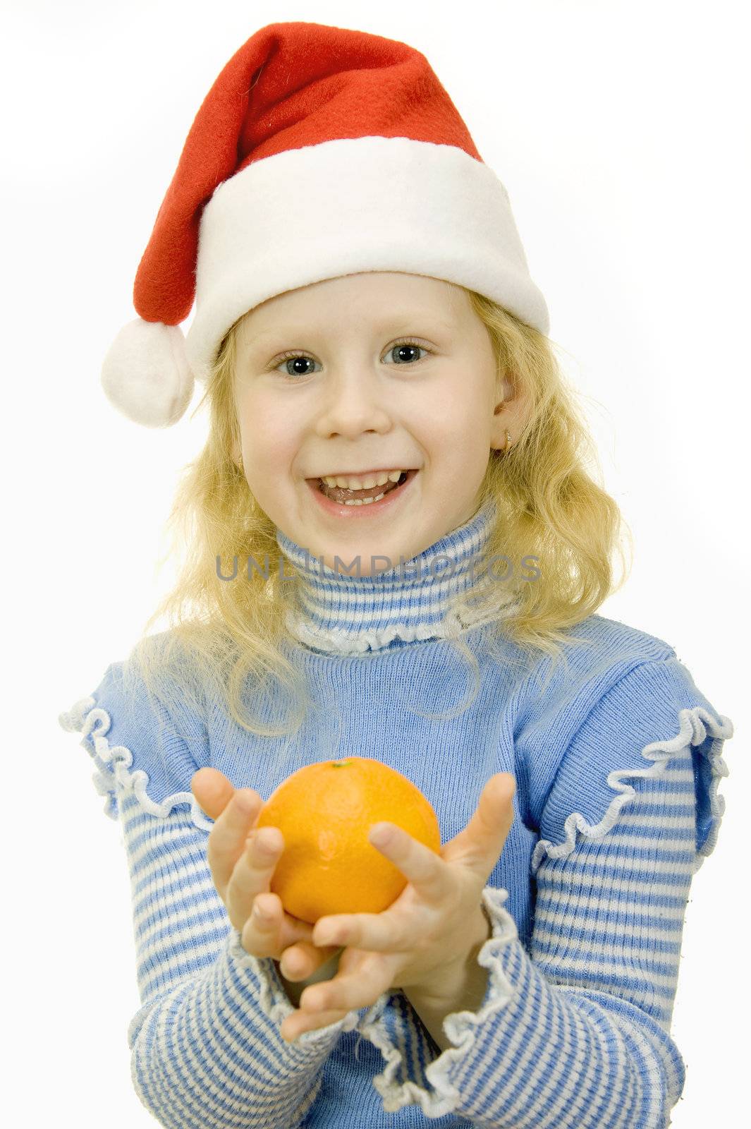 girl in a Santa Claus hat and orange on a white background