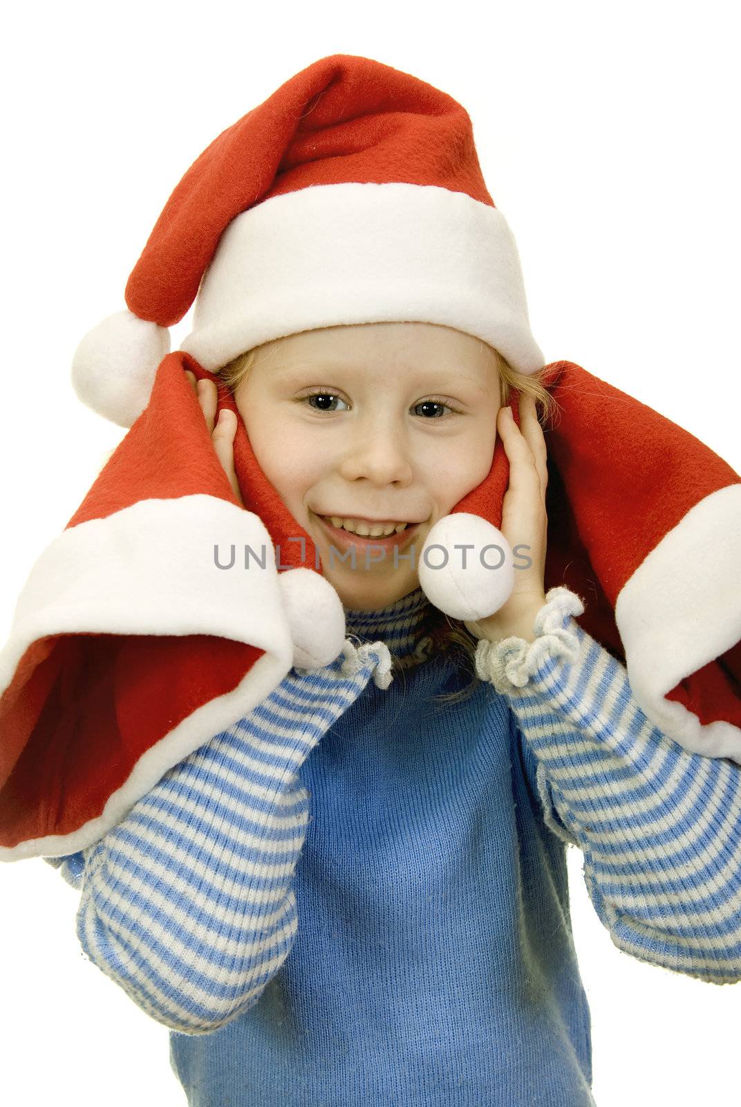 girl in the hat of Santa Claus on a white background