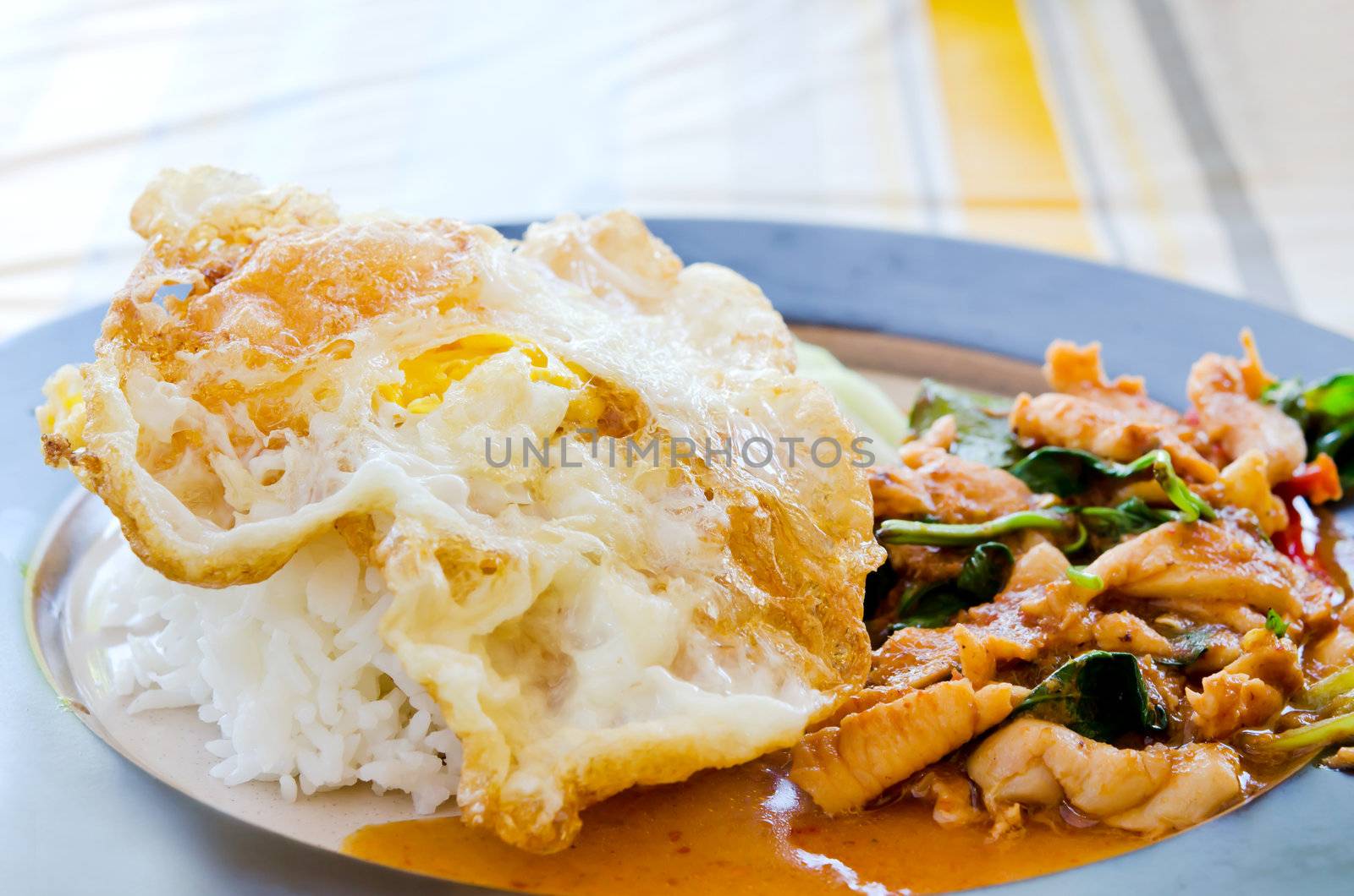 fried egg over rice and pork fried with chili pepper and  sweet basil , curry sauce