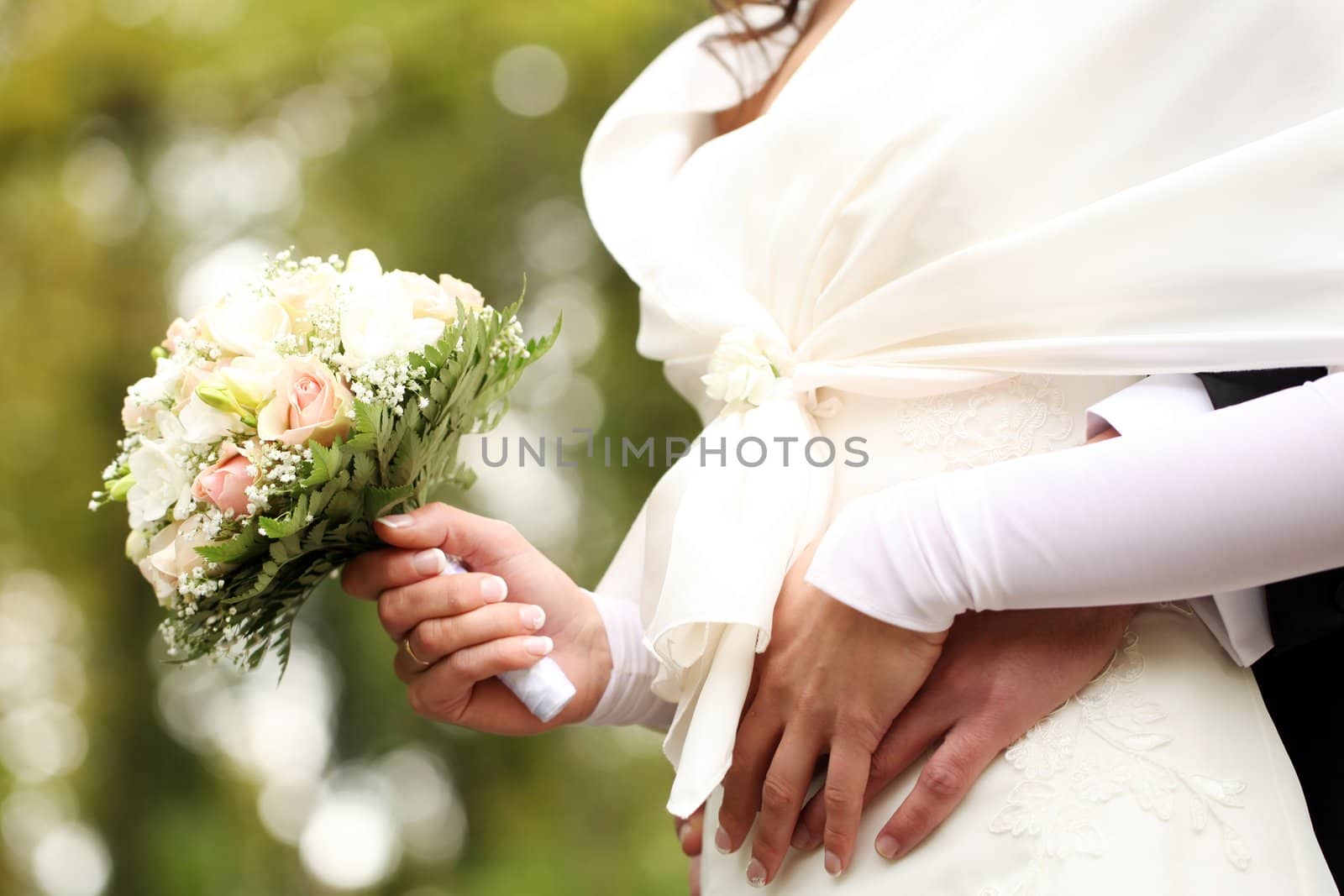 Close up of beautiful and fresh bride flowers bouquet