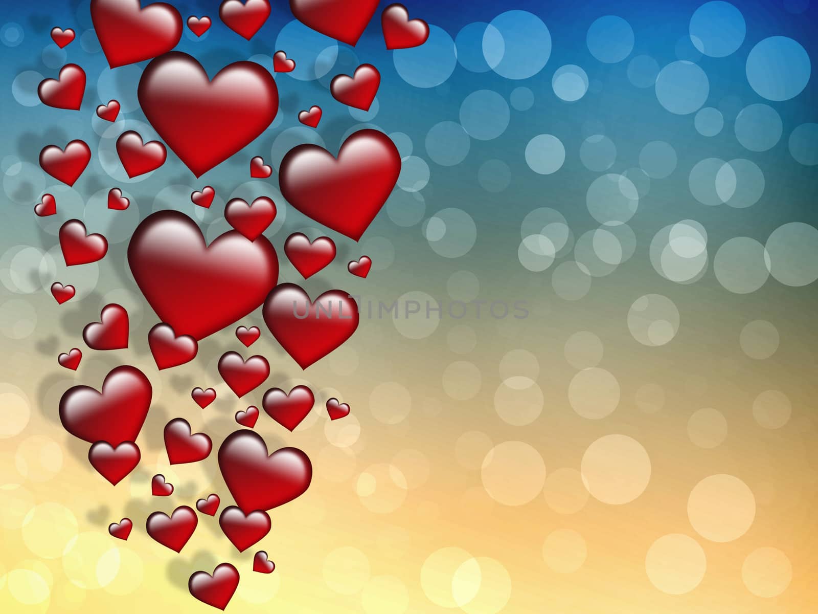 Valentin`s Day Card with red Hearts on a gradient blue gold background with bokeh