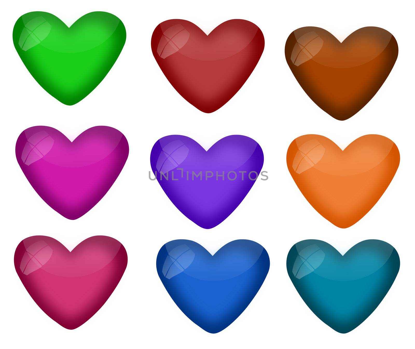 A collection of shiny and reflective hearts in nine different colors