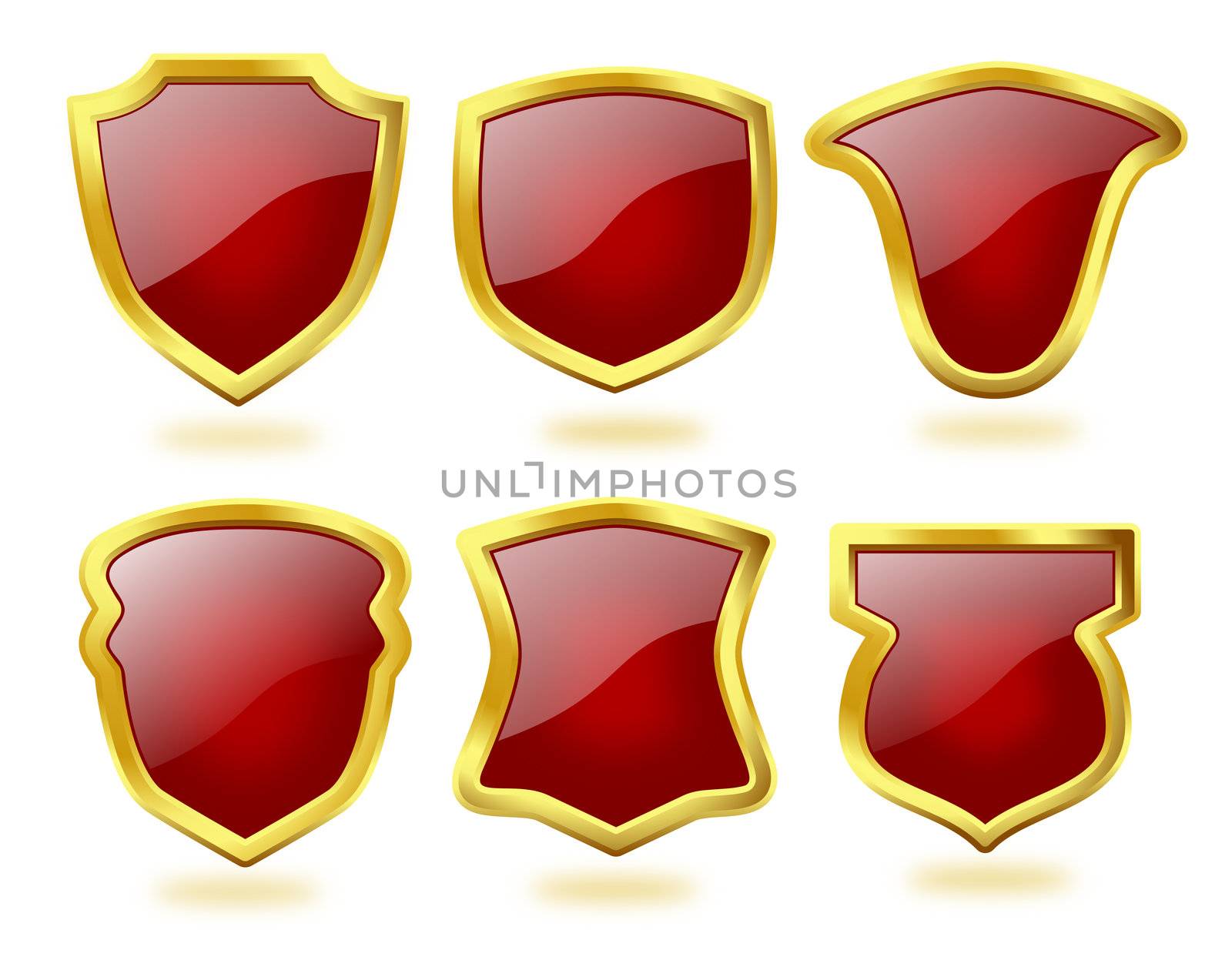 A collection of six shield icon badges in deep red color and with golden frames