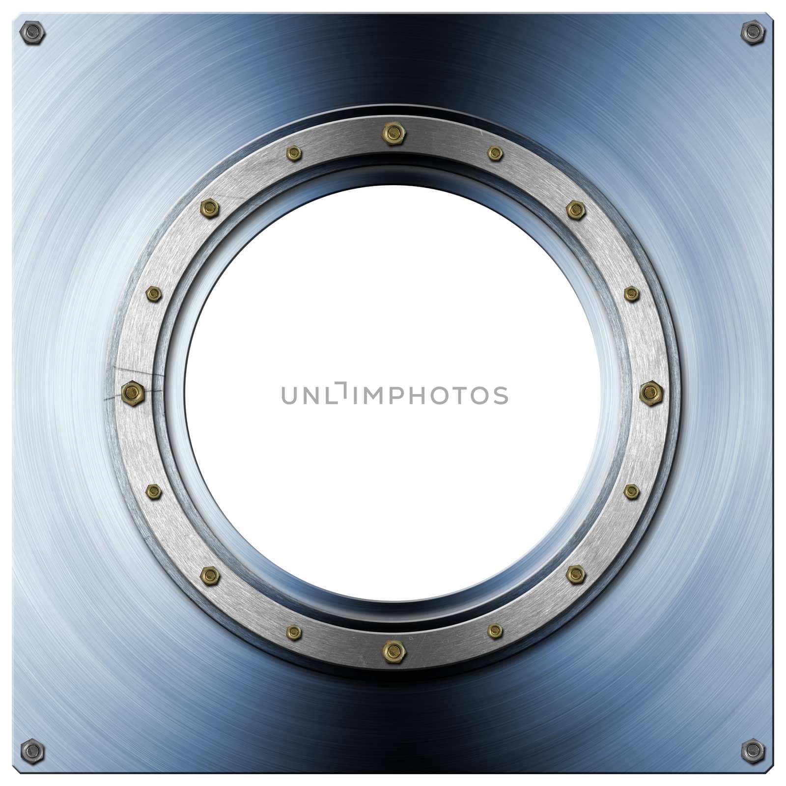 Blue and gray metallic porthole with bolts isolated on a white background 