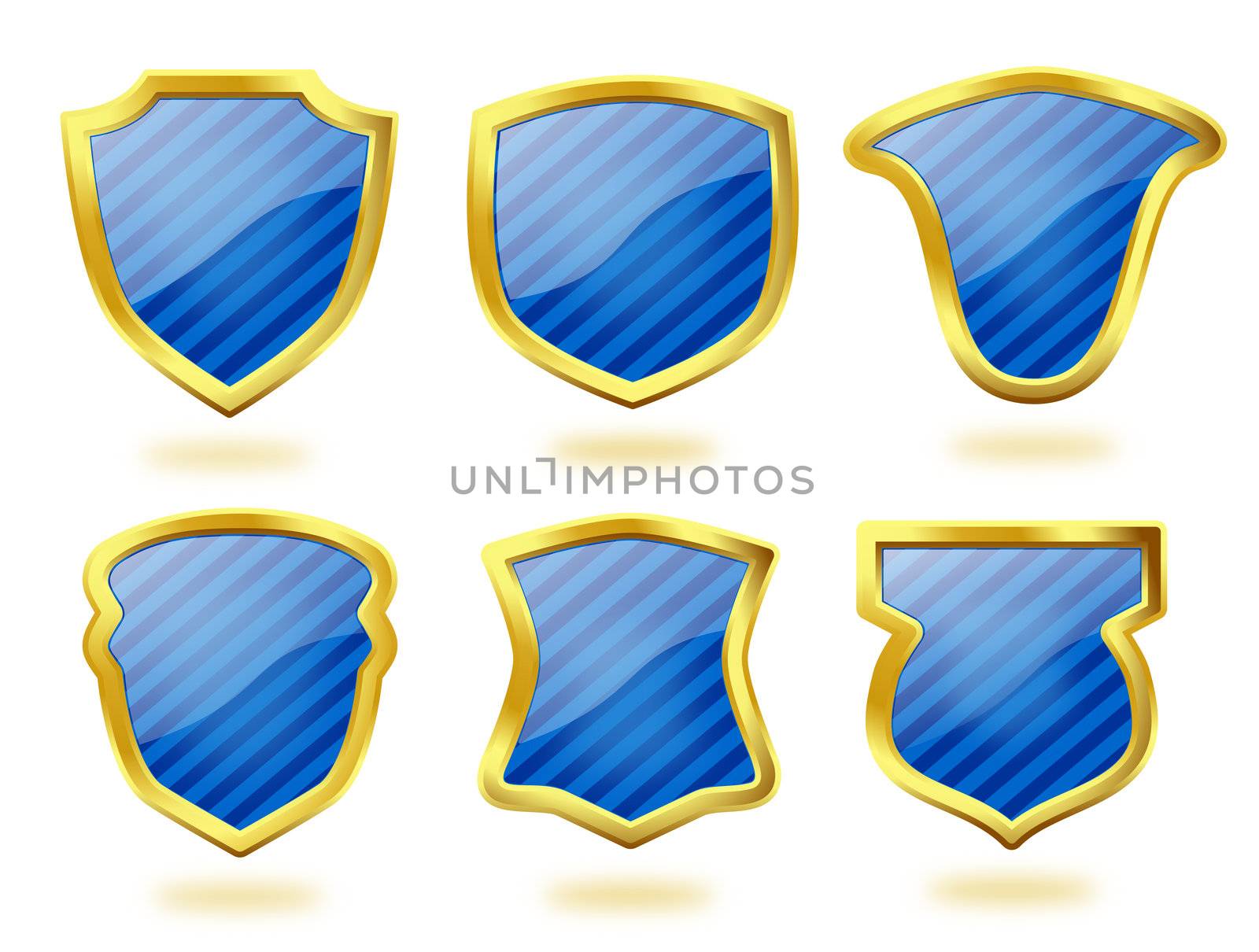 A collection of six shield icon badges in blue stripes and with golden frames