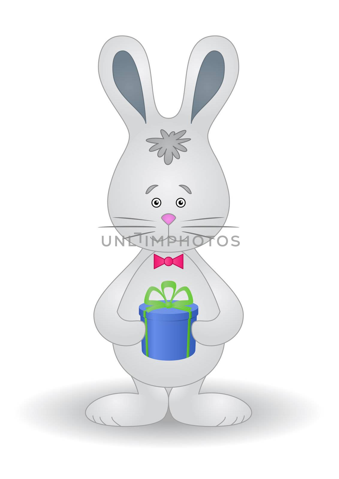 Holiday cartoon, toy rabbit with a gift box.