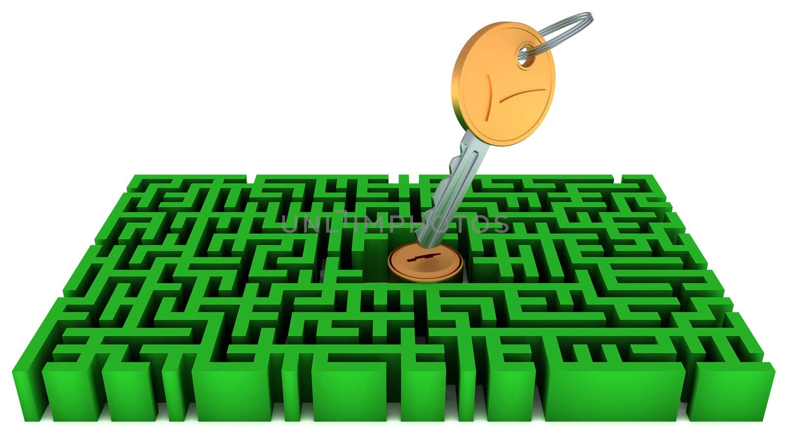 Key, lock and green maze isolated over white