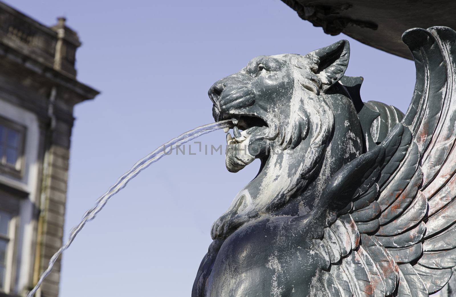 Lisbon ancient source, detail of a lion spitting water fountain