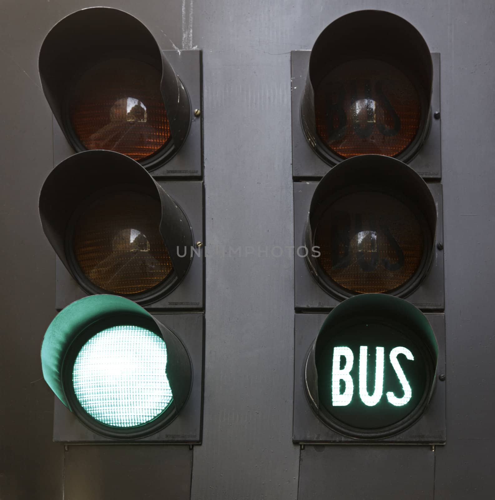 Green traffic light, detail of a green traffic light for vehicles and buses