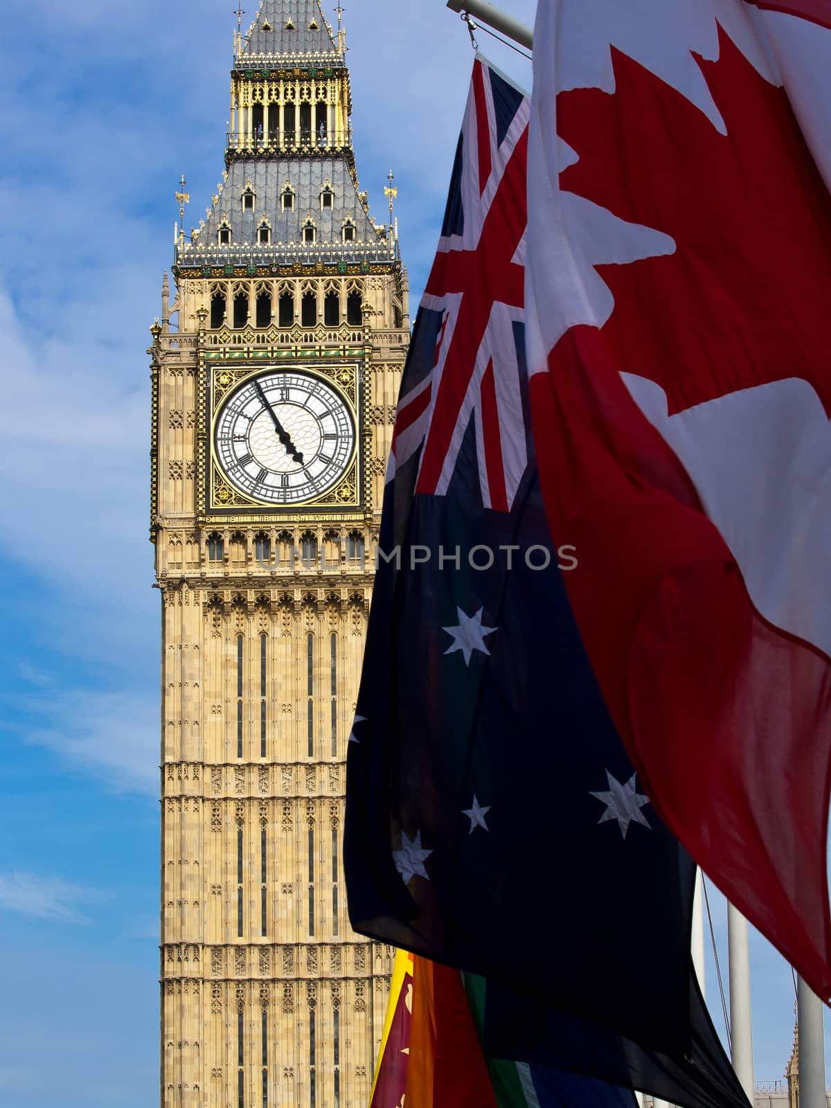 Big Ben with different flags