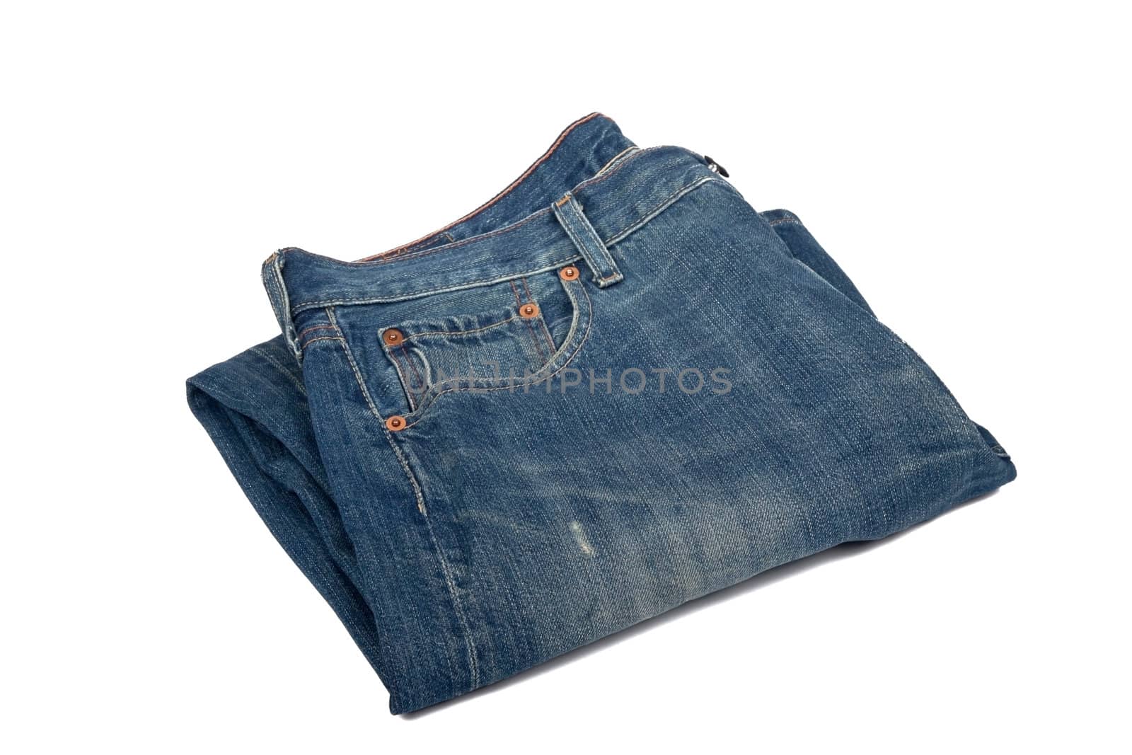 used blue jeans isolated on white background