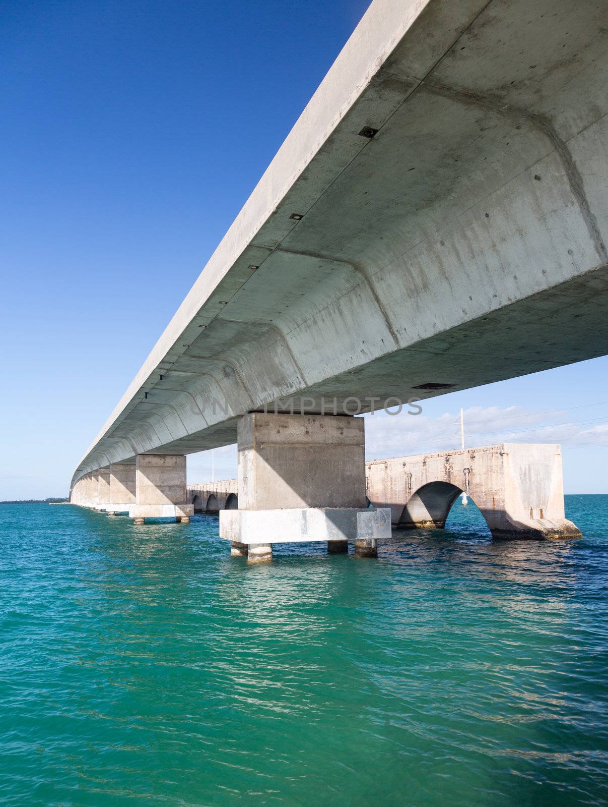 Concrete bridge and broken heritage trail in Florida Keys by Route 1 Overseas Highway
