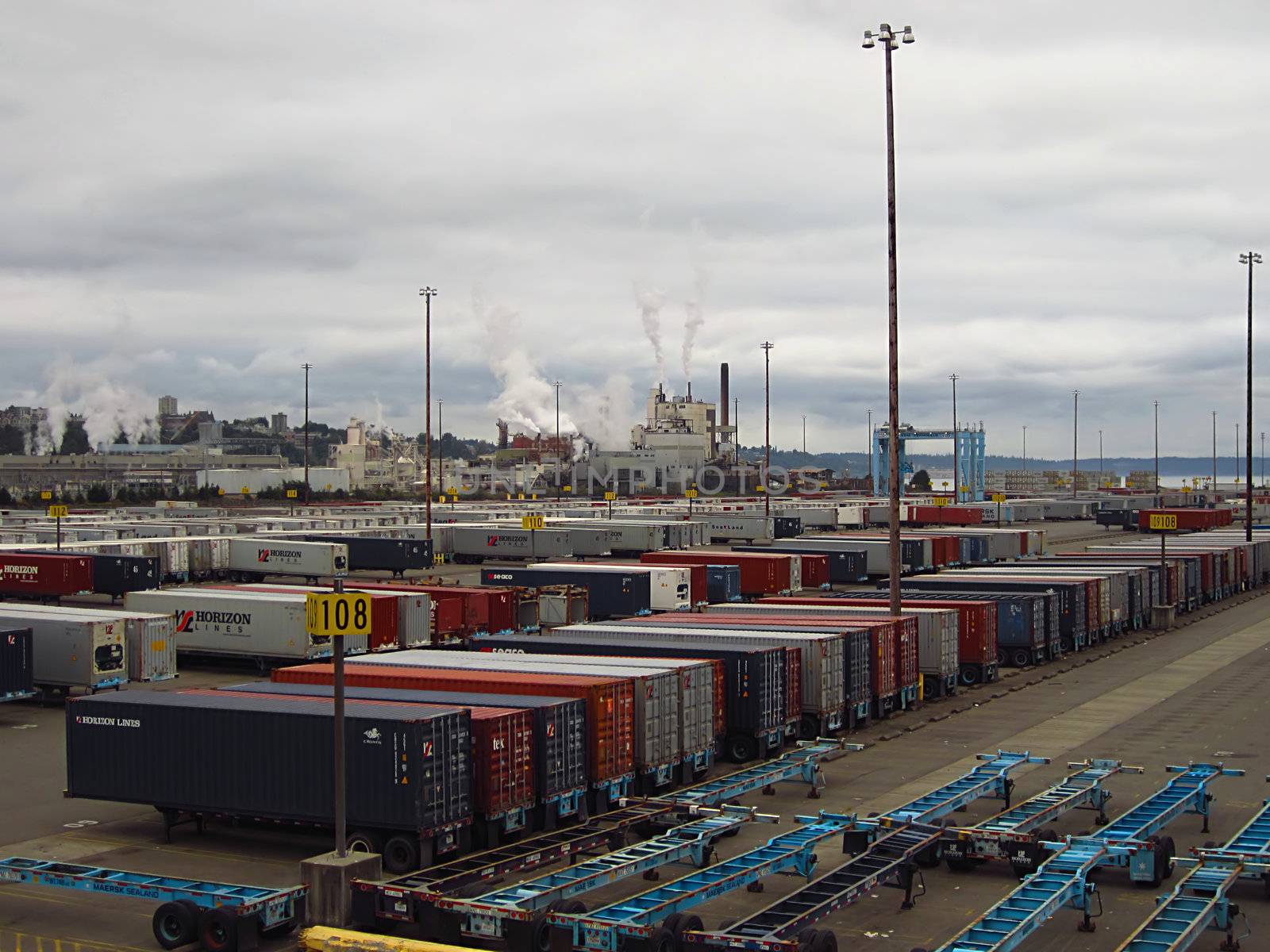 A photograph of a shipping and industrial area.
