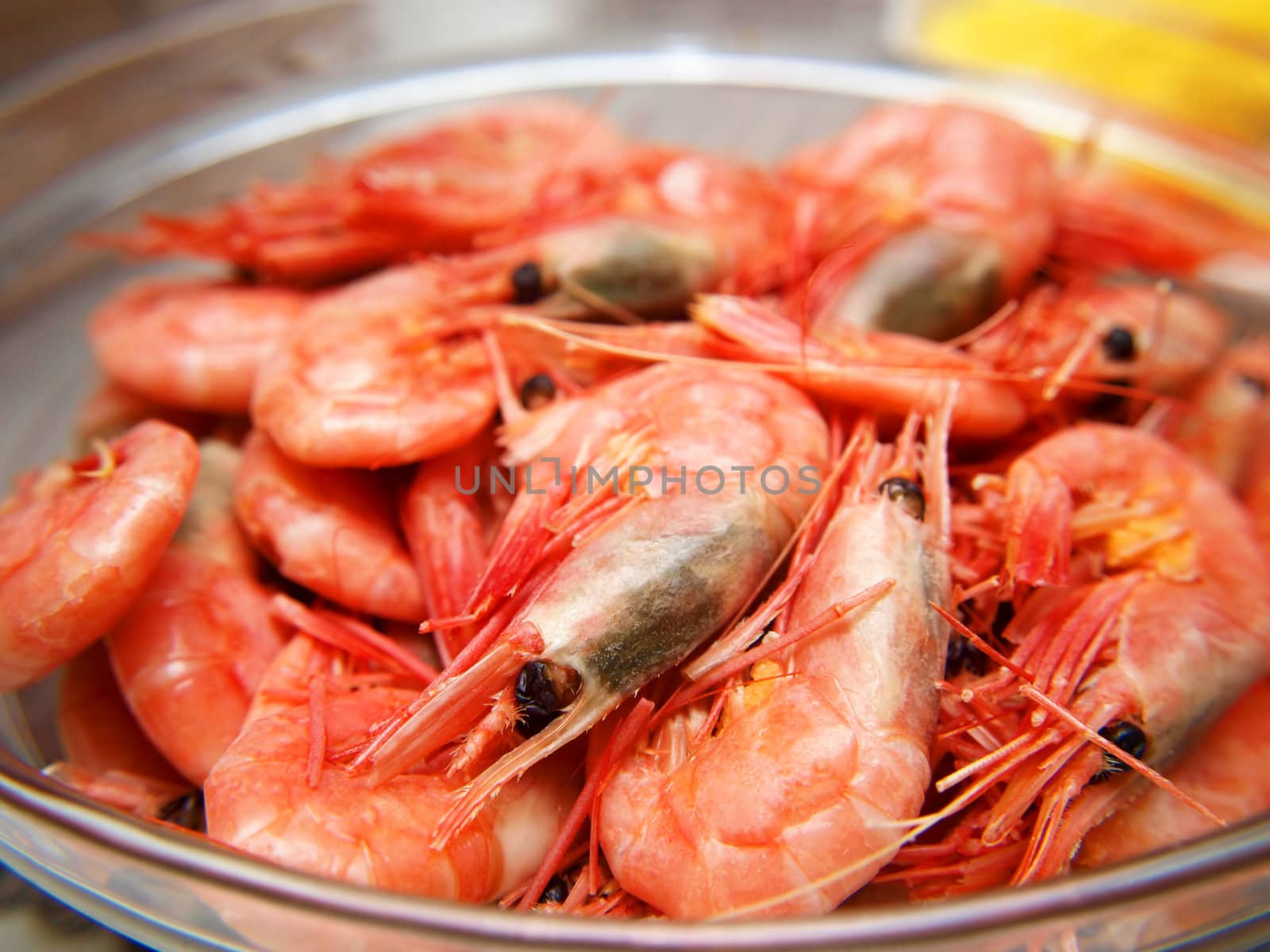 Whole fresh raw prawns in shell, macro, in a bowl by Arvebettum