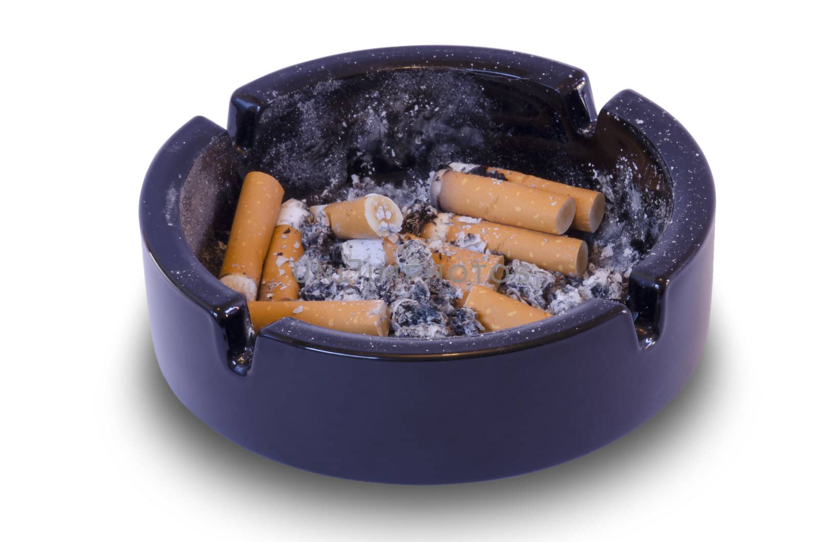 black dirty ashtray full of cigarette butts isolated in white