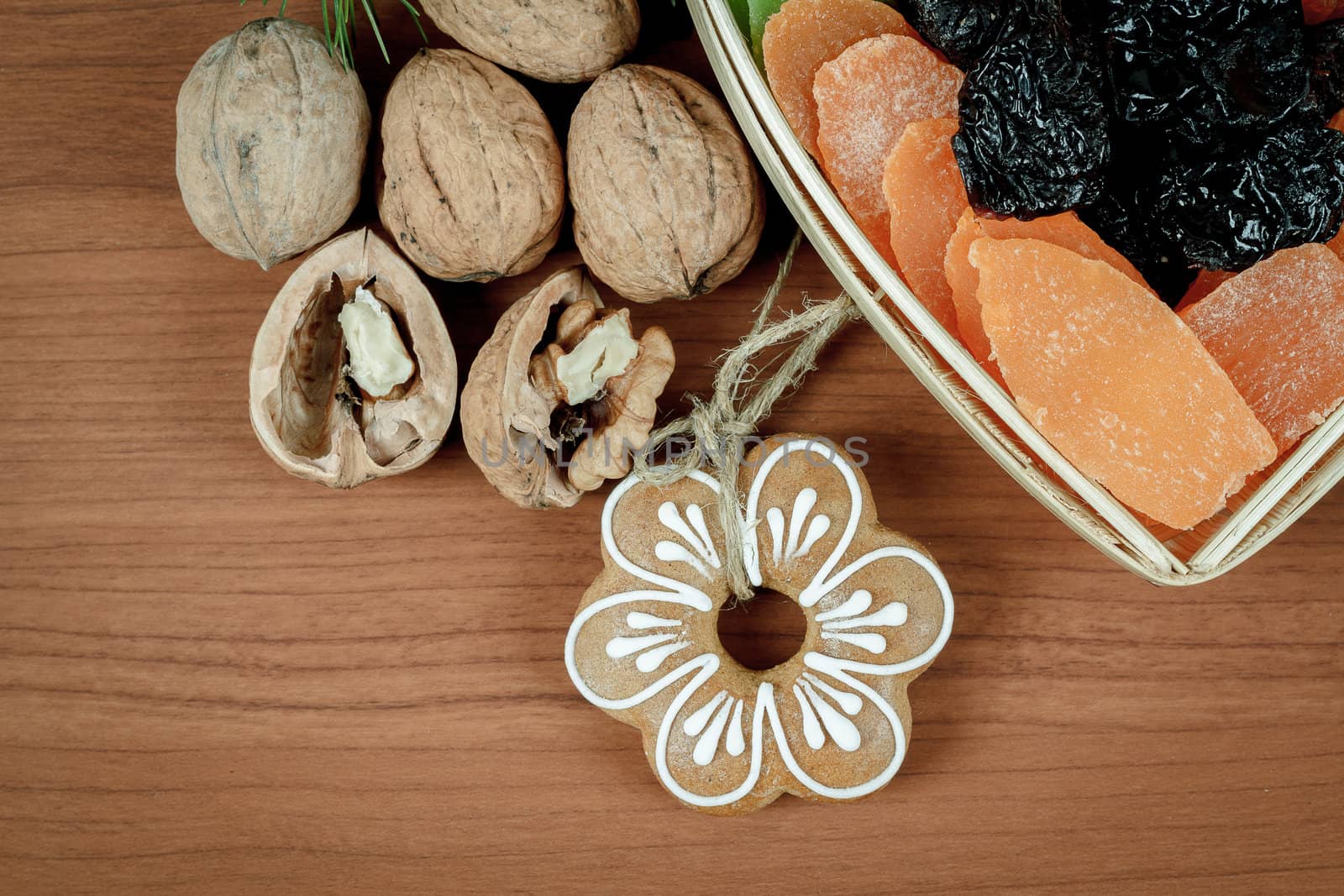 Christmas Dried Fruit and Nuts  on wooden background