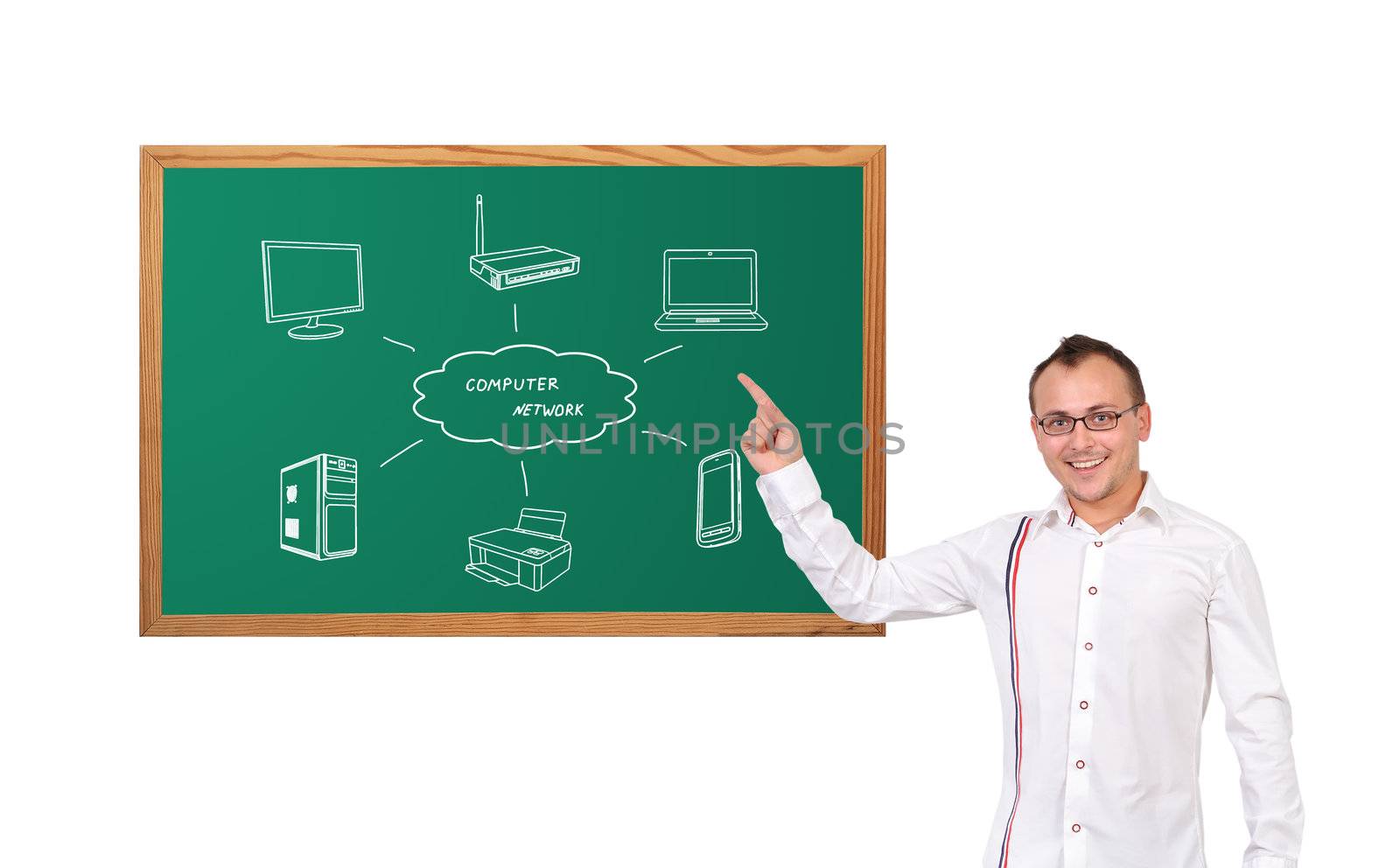 businessman pointing at computer network on desk