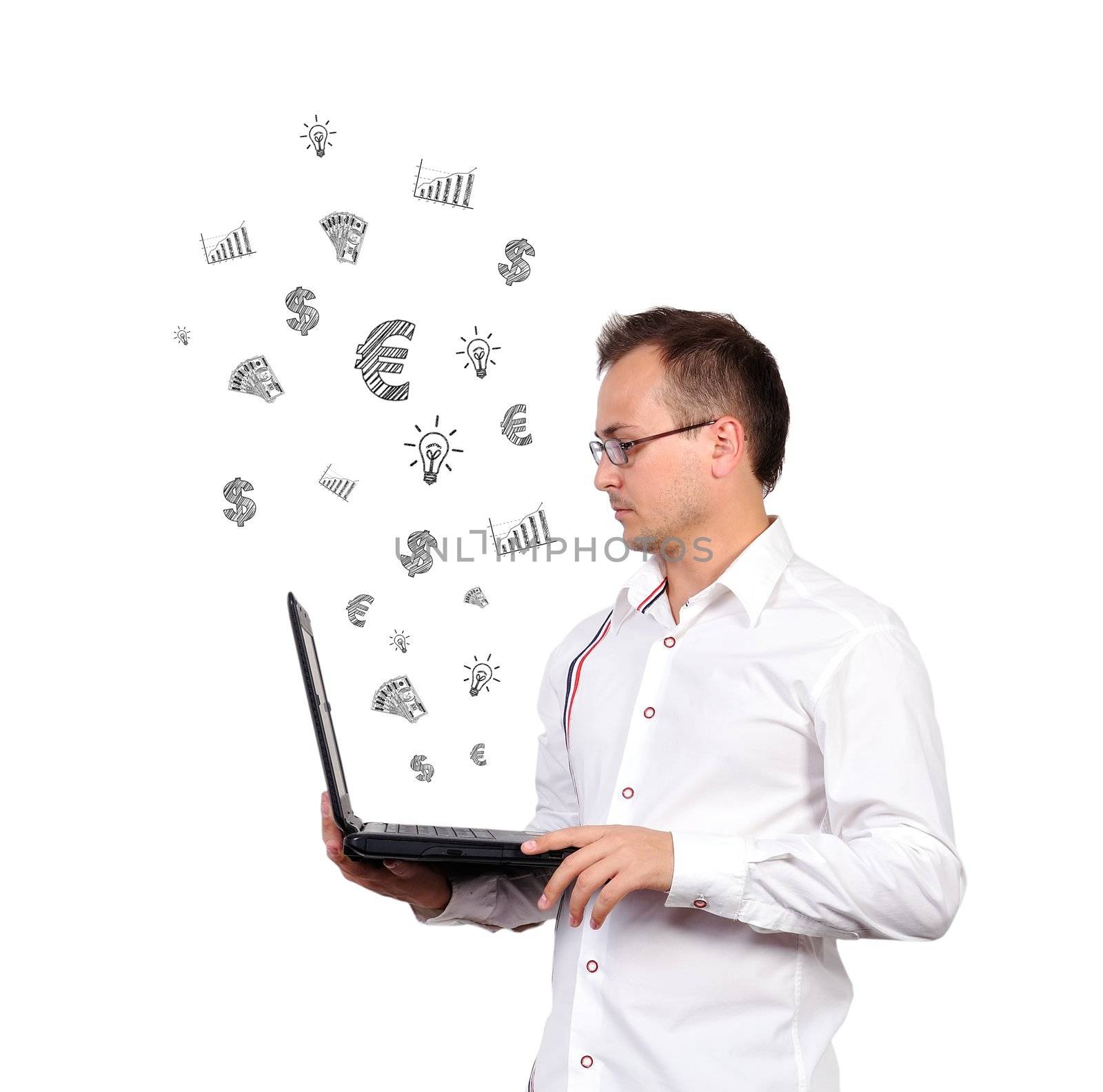Businessman holding a laptop and business icons  on a white background
