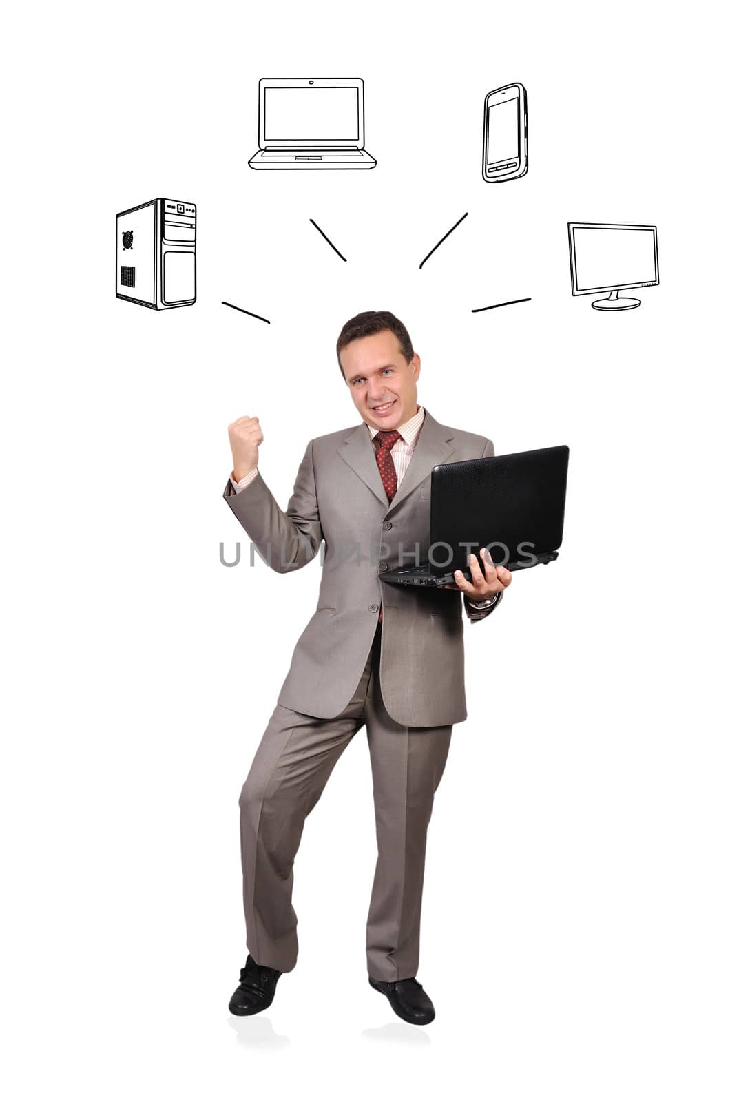successful businessman with laptop and computer network concept